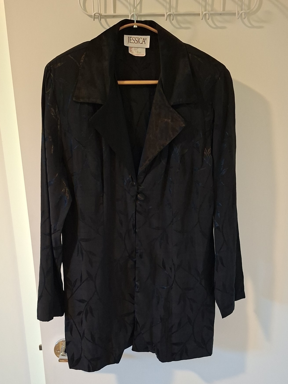 Vintage 90's Jessica Black Satin Damask Floral Hip-length Coat/Blazer (US10/M-L)